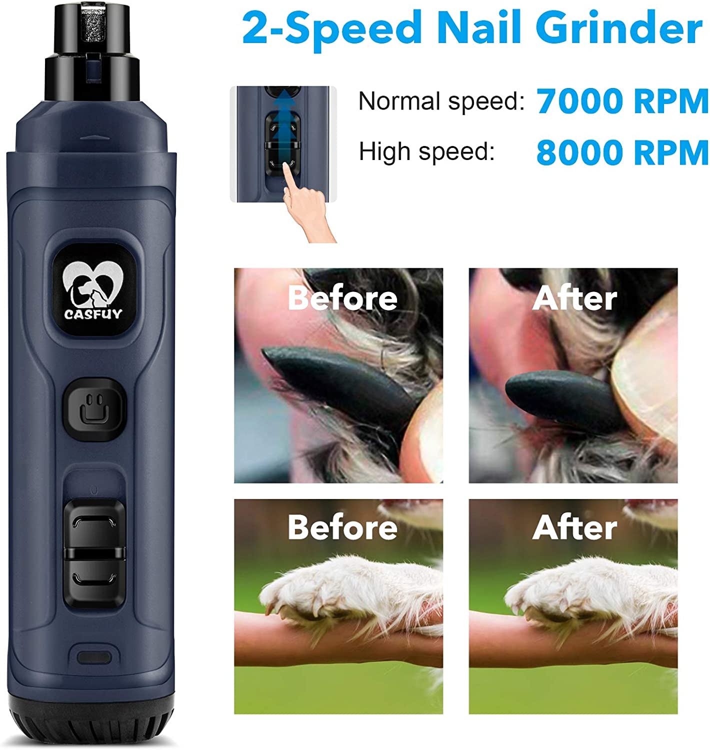 Dog Nail Grinder with 2 LED Light - New Version 2-Speed Powerful Electric Pet Nail Trimmer Professional Quiet Painless Paws Grooming & Smoothing for Small Medium Large Dogs and Cats